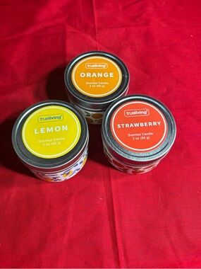 New Trueliving Lemon, Orange & Strawberry Scented Tin Candle Set of 3